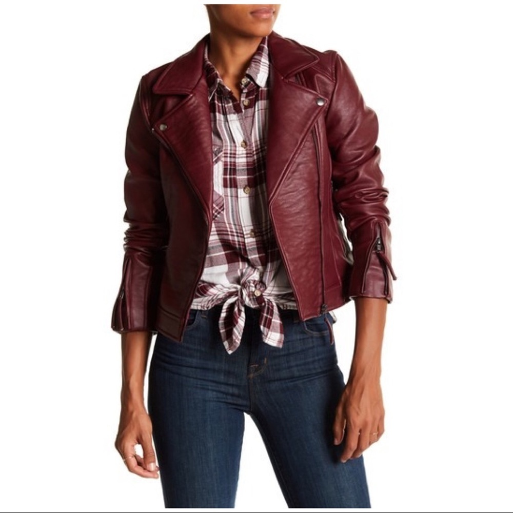 NWT Romeo + Juliet Couture Moto Jacket medium maroon red vegan leather